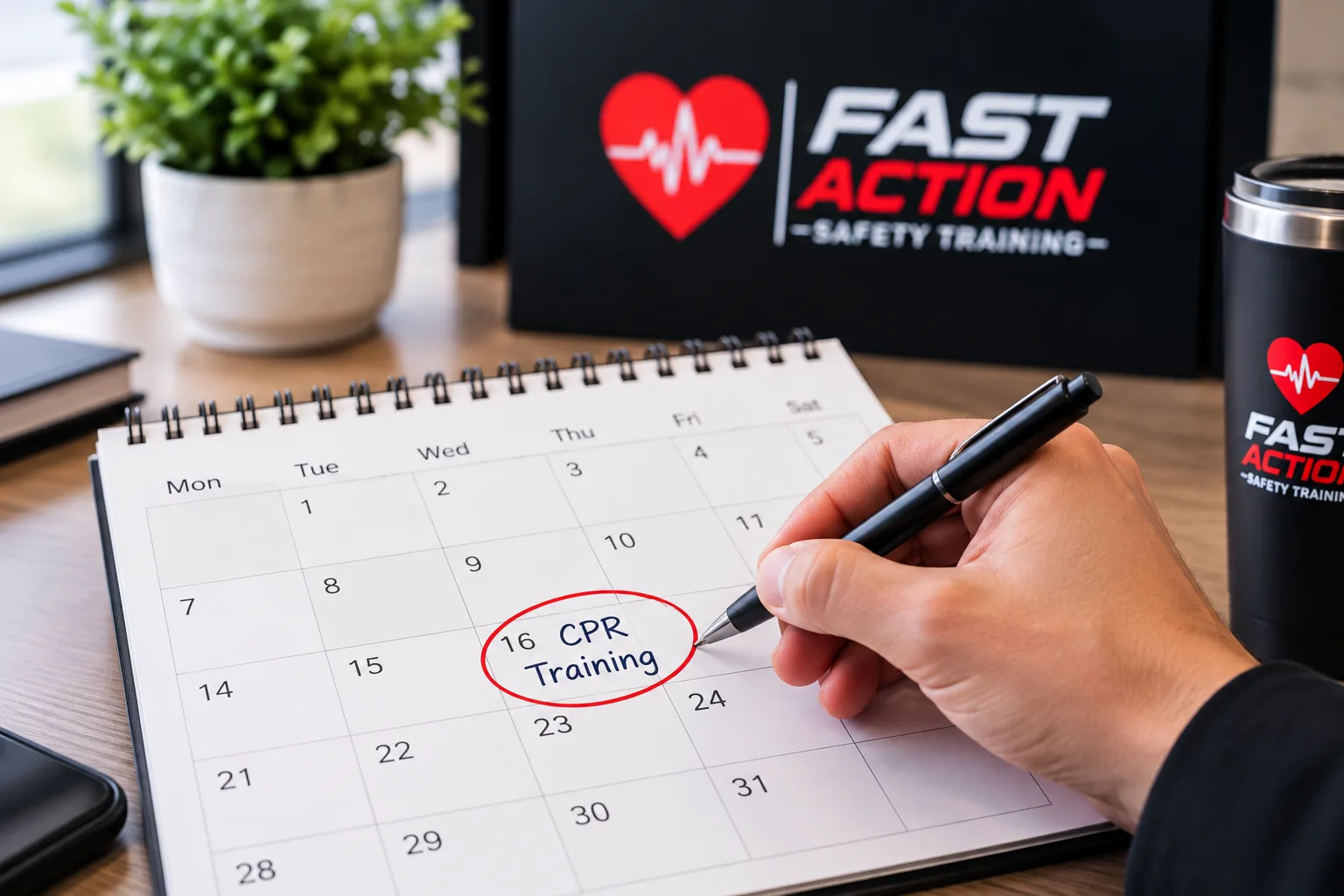 Illustrative calendar with a CPR training date circled