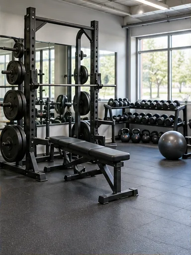 Illustrative fitness center with a squat rack, bench, and dumbbells