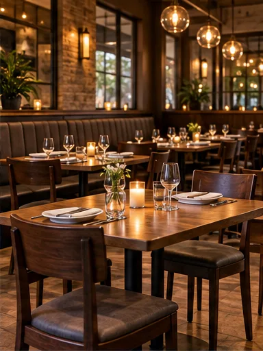 Illustrative restaurant dining room with set tables